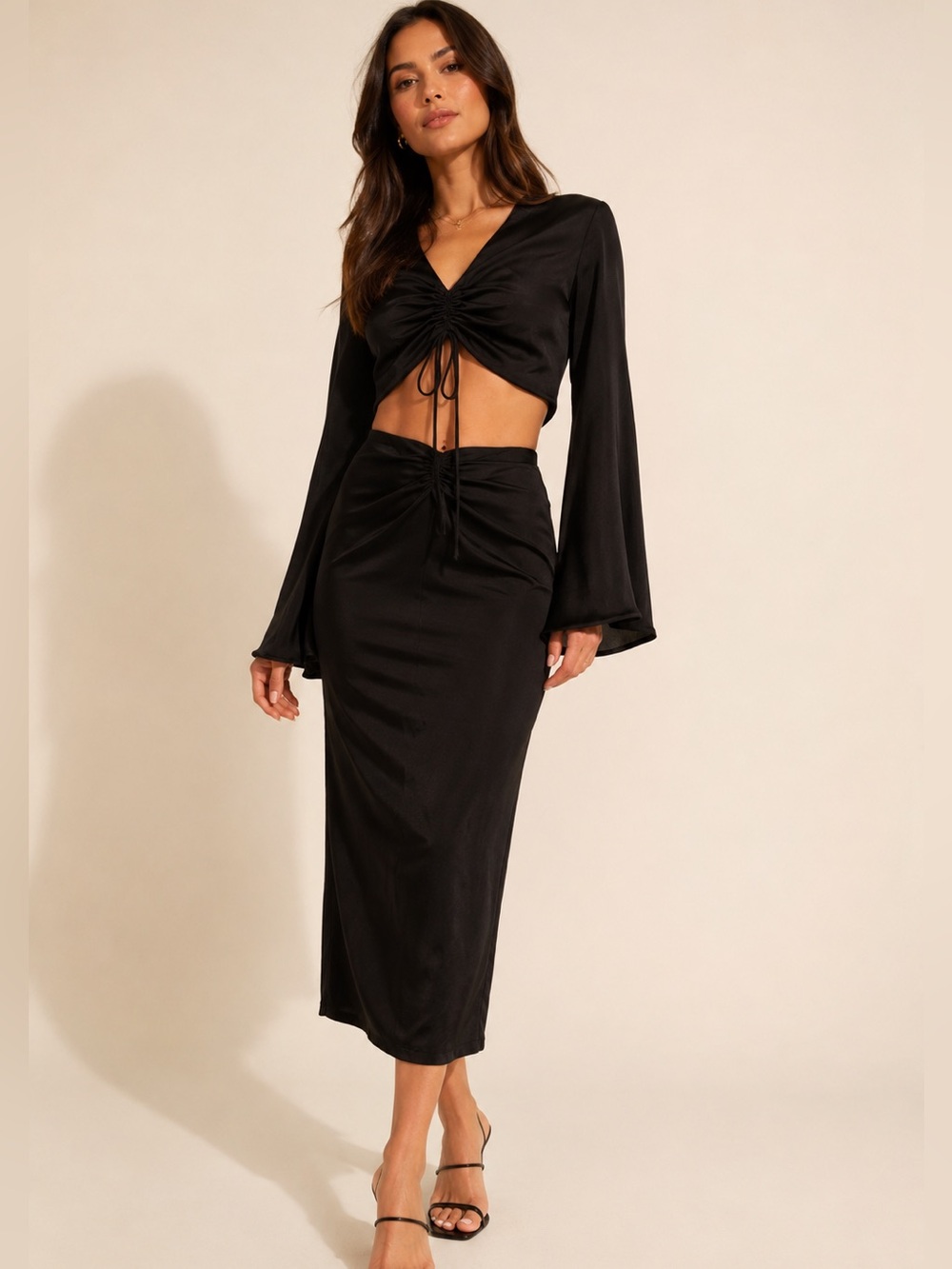 Petal & Pup | Satin Two-Piece Midi Skirt Set Black Size Medium Cocktail Party